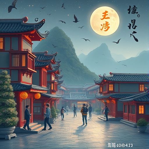 夜晚河边灯光与人群交织出美景