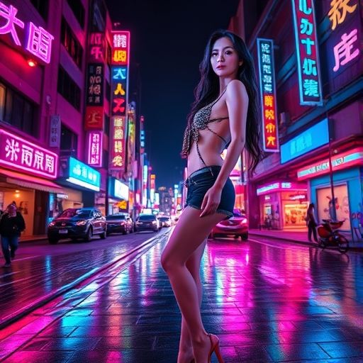 天河夜晚街头霓虹闪烁