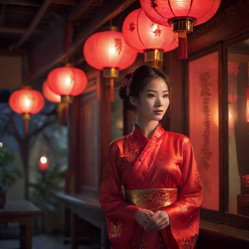 茶肆门口红灯笼温暖夜色