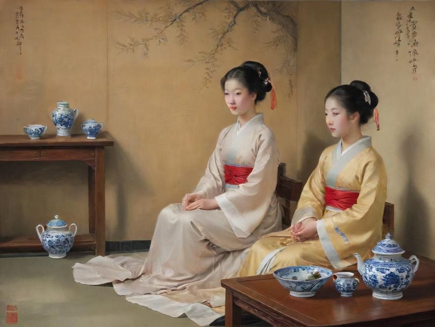 一个私密而雅致的休闲包厢，内有中式屏风隔断，桌上摆放着精致的茶具，营造出温馨的品茶氛围。