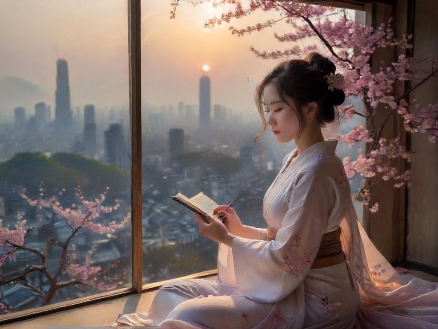 远景视角下，一位女性在充满蒸汽的木质桑拿房内放松身心