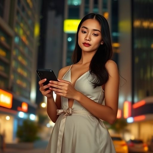 一个人在夜晚城市背景下查看手机上的桑拿信息网站