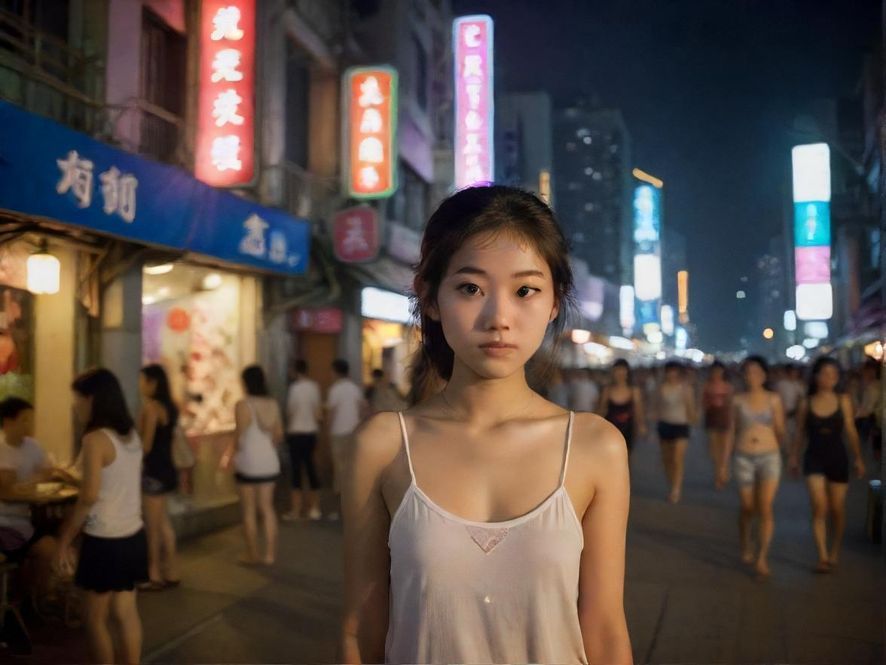 广州石牌村夜景，繁华的街道上灯火通明，充满人间烟火气息的纪实摄影