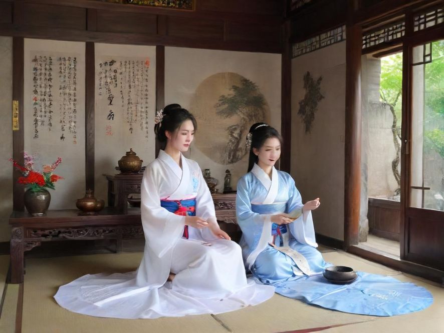 一间充满神秘感的茶馆内部，光线昏暗，桌椅古朴，营造出私密和放松的氛围。