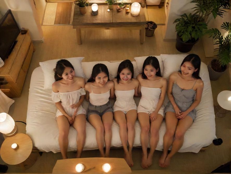一位顾客在禅意十足的休闲空间中放松享受，面带微笑，从俯视角度展现出宁静惬意的场景。
