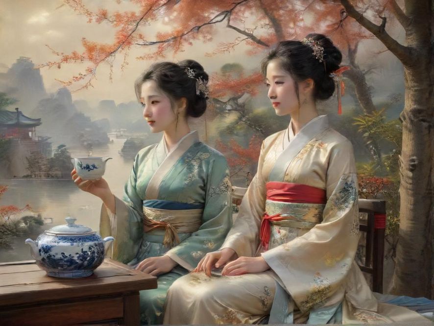 广州一家特色茶馆的私密包厢，光线柔和，茶具精致，营造出宁静舒适的氛围。