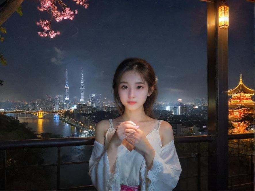 广州一家豪华桑拿会所的入口，夜晚灯光璀璨，现代设计风格与城市夜景融为一体。