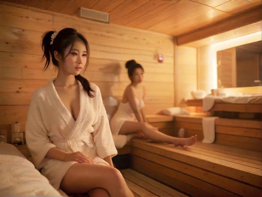 一间布置温馨、灯光柔和的桑拿房，散发出舒适宁静的氛围，属于现代休闲会所的风格。