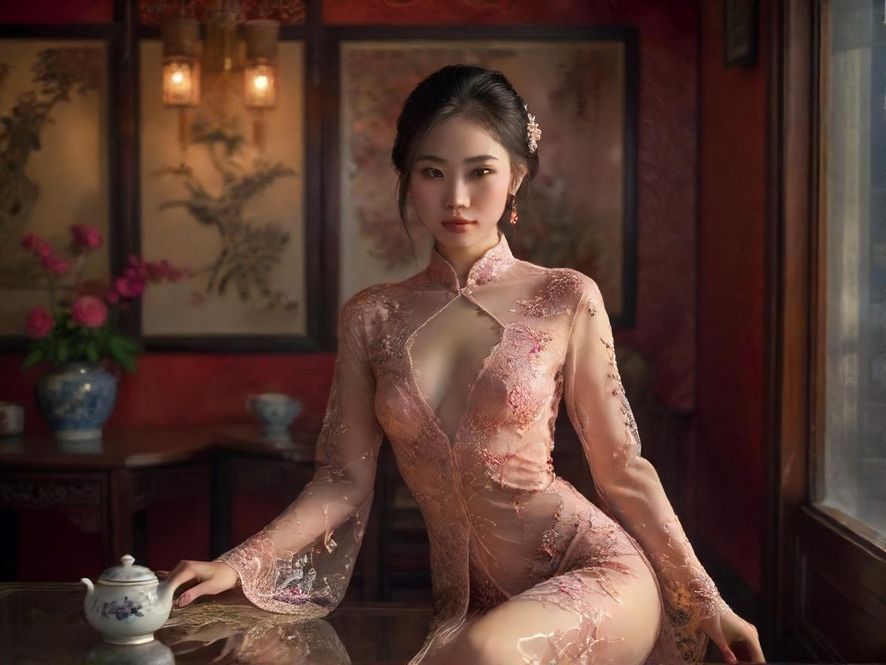 广州私密茶馆，柔和光线，特写镜头，东方韵味十足的室内设计