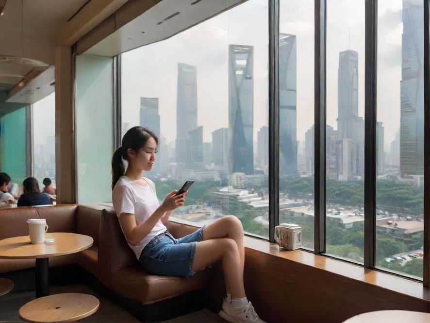一个年轻人在深圳咖啡馆里，手持手机，脸上带着轻松愉悦的笑容，仿佛正通过手机发现什么有趣的信息。窗外是深圳繁华的都市街景，整个画面充满现代都市的休闲感。