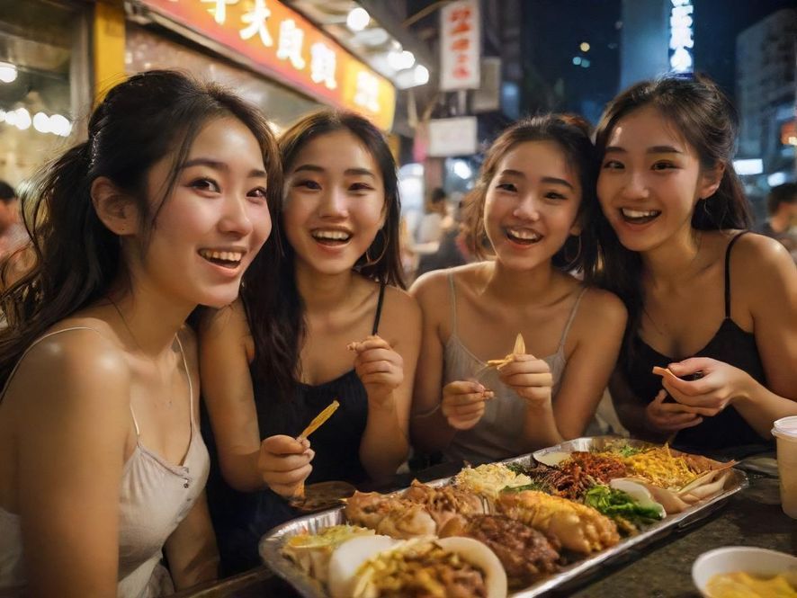 在深圳璀璨的夜景下，一群朋友围坐在一家充满情调的露天餐厅里，品尝着美食，举杯畅饮，脸上洋溢着欢声笑语，整个画面富有电影感，充满都市休闲的氛围。