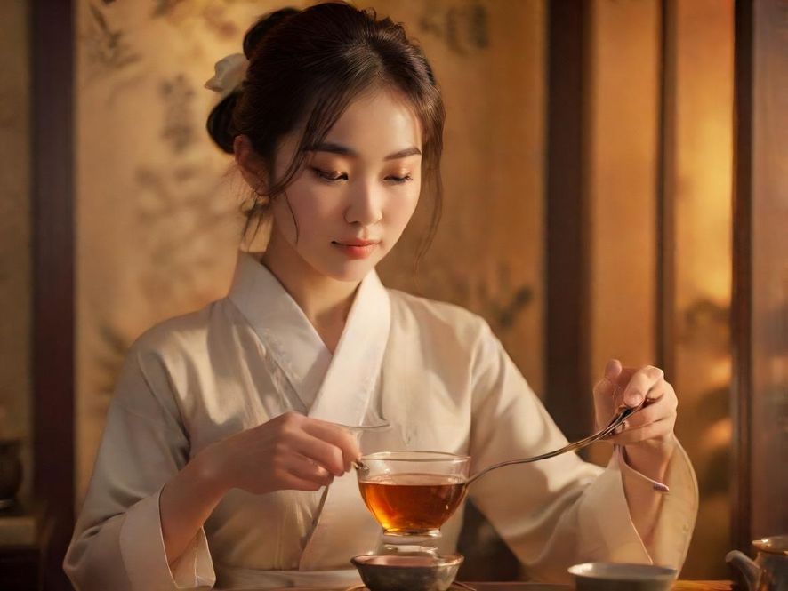 一位茶艺师正在雅致的茶室中，在暖色调灯光下专注地冲泡茶水，茶具精致，氛围宁静