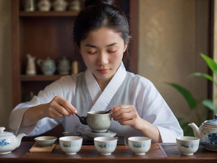 一位茶艺师正在专注地进行茶道表演，她的神情认真而优雅，双手轻柔地操作着精致的传统茶具，背景是一片宁静而富有禅意的空间。