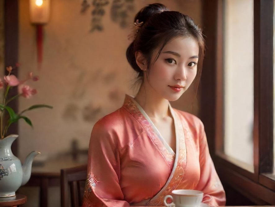 一间布置温馨、光线柔和的茶室一角