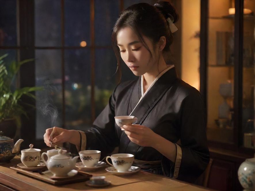 一位气质优雅的茶艺师，身着传统服饰，姿态专注地进行着沏茶的动作，茶具精致，光线柔和，展现出高品质的茶道艺术。