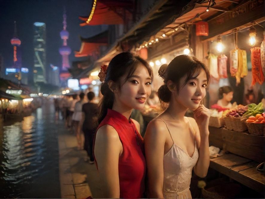上海后花园江边市集，展现夜晚灯光下的生活气息