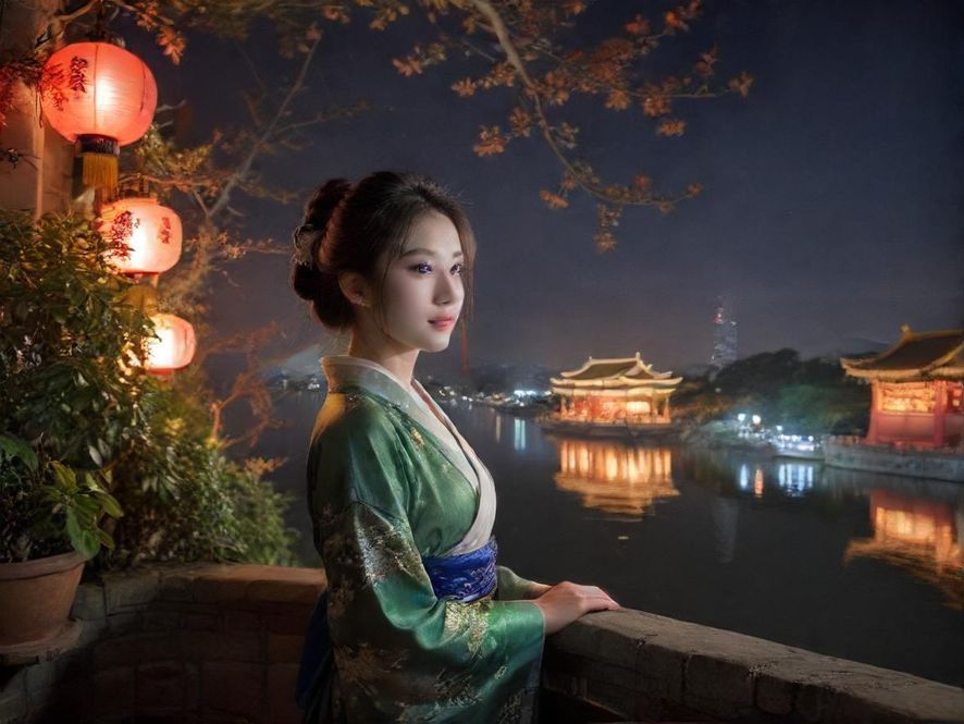 广州夜景下的茶艺服务场景