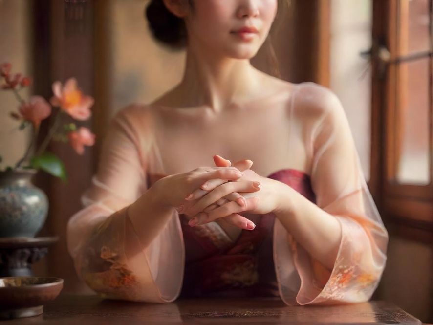 一位成熟女性手部的特写，背景模糊，色调温暖