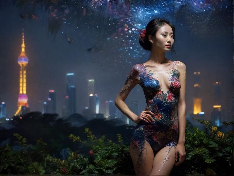 广州夜色下的抽象花卉图案，带着一丝神秘感，背景是城市的灯火。