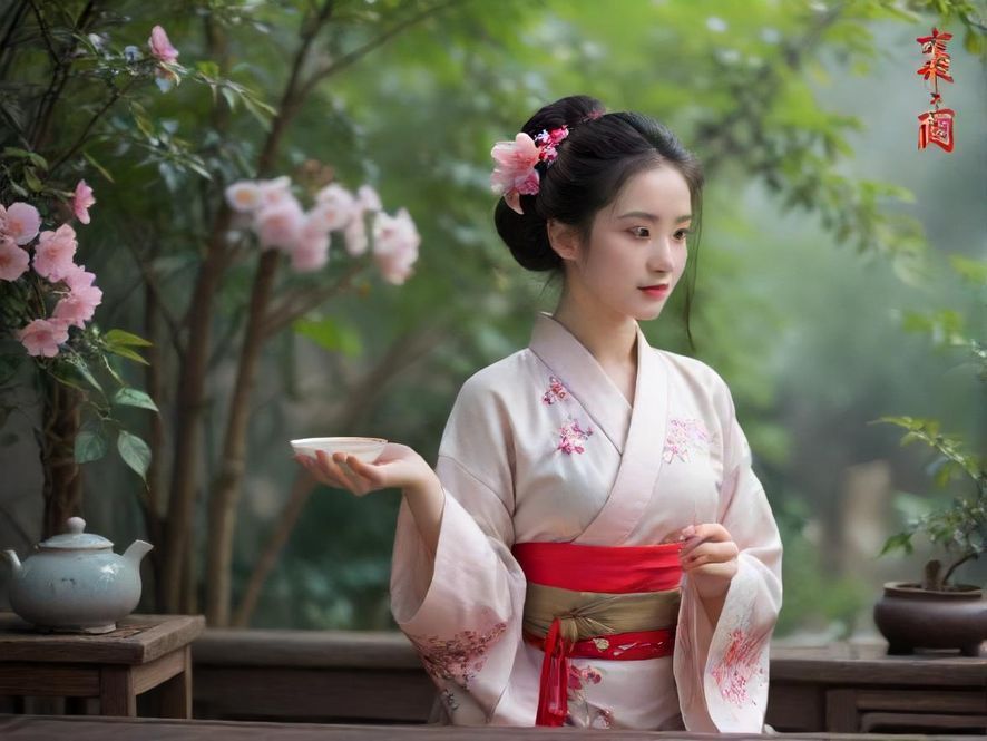 一位气质非凡的女士，在花团锦簇的雅致空间中，轻呷香茗，享受片刻宁静。