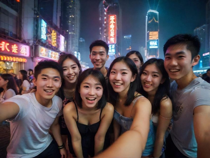 一群年轻人在东莞的酒吧或咖啡馆里，围坐在一起，开心地聊天说笑，背景是璀璨的城市夜景，气氛活跃。