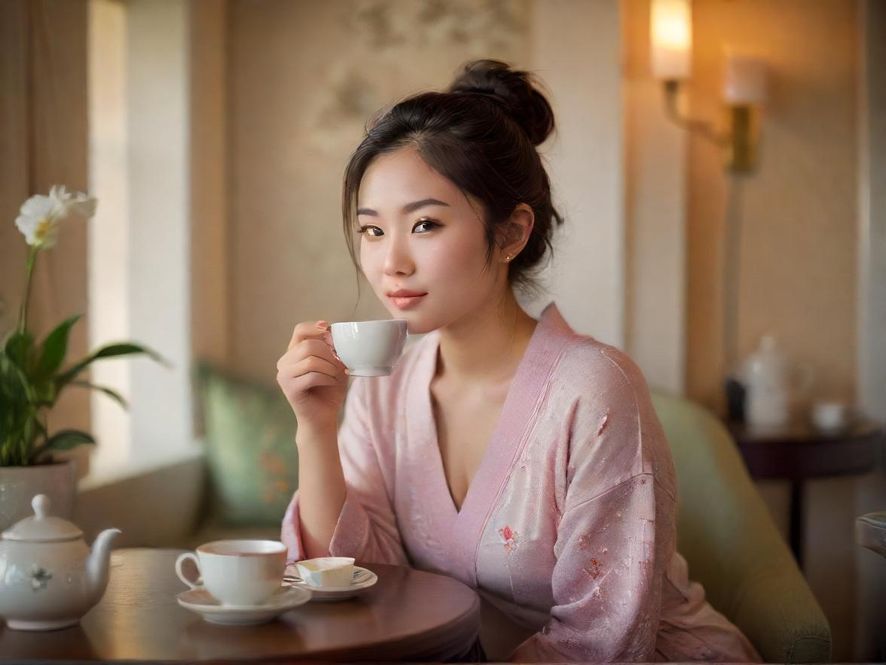 在温馨雅致的茶室里，一位优雅的女性正在品茗，享受着片刻的宁静与放松。