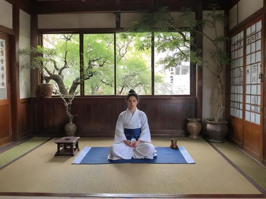 深圳龙华区一间茶室的内部，从上方俯瞰，整体设计融合东方禅意和现代简约，营造出温馨舒适的氛围，几位客人正轻声交谈或独自品茗。